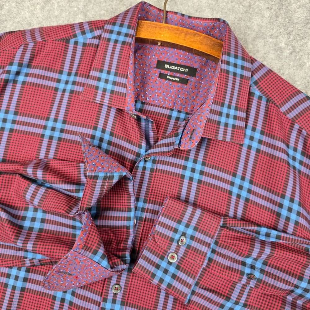 Bugatchi Uomo Men Shaped Fit Long Sleeve Button Down Shirt Red Blue Tartan Plaid